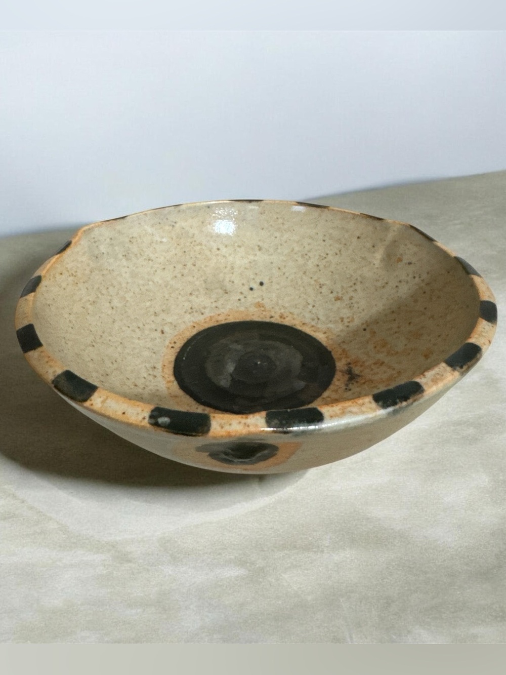 Handcrafted and Signed Beige Ceramic Bowl with Sunflower Accents